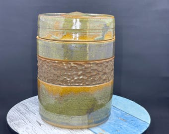 ceramic trinket jar, snack jar, jewelry box, moss green and leather brown glaze