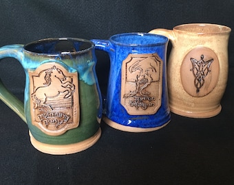 9 Middle earth inspired mug collection, CUSTOM ORDER 9 mugs, assorted glazes and medallions