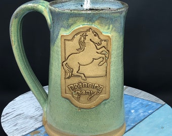 Prancing Pony inspired mug, 16 ounces, blue over light green glaze