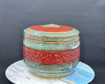 ceramic trinket jar, snack jar, jewelry box, red and blue glaze