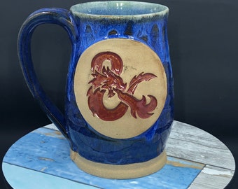 D&D inspired mug, Dungeon Master, flux over blue glaze