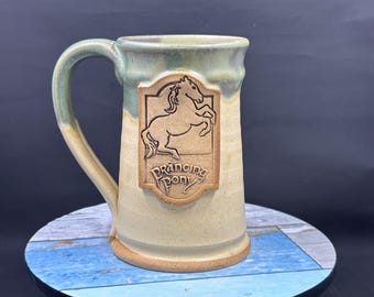 Prancing Pony inspired mug, 16 ounces, moss green over macadamia glaze
