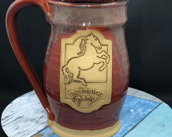 Prancing Pony inspired mug, 16 ounces, dark flux over red glaze