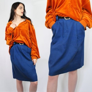 80s blue and black houndstooth pencil knee skirt, 26 inch waist, Skirt with Pockets, Blue Pencil Skirt, Cobalt Blue, 90s Aesthetic VSCO Girl