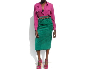 Emerald green high waist suede midi skirt 1990s 90s VINTAGE