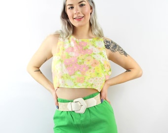 60s retro pastel floral print crop top, Medium, Festival Top, Cropped Tank Top, Summer Crop Top, UPCYCLED top, 60s floral top, Easter Pastel
