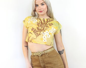 60s style retro yellow floral top, Small, Festival Top, Summer Top, Floral Print Top, Cap Sleeve Crop Top, UPCYCLED Clothing, 60s Floral Top