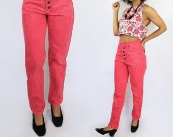 90s coral red high waist button fly jeans PETITE 24 inch waist, Coral Red, 90s Colored Denim, Petite Denim, Festival, 90s Aesthetic VSCO