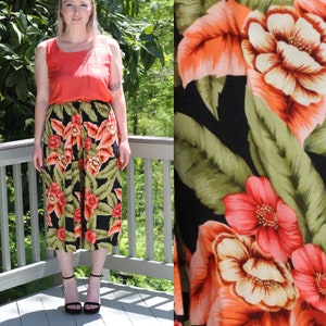 90s vintage peach floral foliage print elastic waist culottes 16W 29 inch waist Floral Gauchos Tropical Cruise Cropped Wide Leg 90s Clothing