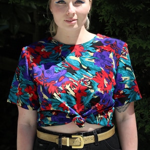 90s vintage jewel tone abstract floral print short sleeve blouse Size 12 Medium 90s Blouse Festival Outfit Summer Top Secretary Blouse 1990s