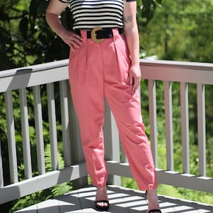90s vintage peachy rose pink high waist tapered dress trousers Size 14, 28 inch waist Pink Trousers 90s Silk Trousers Pink Rayon Pants