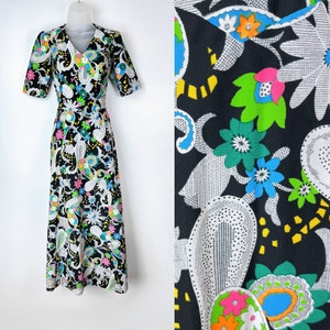 60s vintage neon floral paisley print maxi dress Floral Hostess Dress Petite 60s Costume Flower Power 60s Hostess Pop Art Groovy Psychedelic