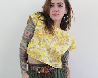 Yellow floral print cap sleeve crop top, Yellow Floral Top, 60s Florals, Cap Sleeve Top, Festival Top, Sustainable Fashion, Upcycled Top