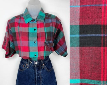 90s vintage jewel tone plaid cotton short sleeve button shirt Medium Large Cotton Plaid Blouse Plaid Button Blouse 90s Clothing Country Club