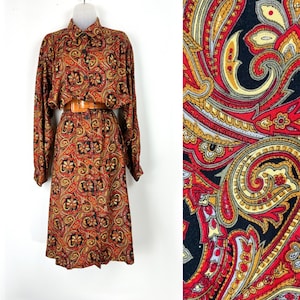 90s vintage red and orange paisley print long sleeve midi dress, Paisley Midi Dress, Medium Large, 90s Rayon Dress, Thanksgiving, 90s Dress