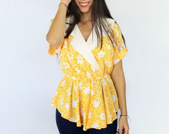 80s yellow floral print peplum blouse with lace collar, Medium, Upcycled Clothing, Sustainable Fashion, Easter Outfit, 80s Peplum Blouse