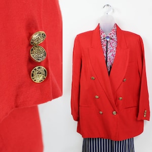 90s tomato red linen womens oversize blazer with gold buttons, Size 14, Medium Large, Cherry Red, Red Blazer, 90s Aesthetic VSCO, 90s Blazer