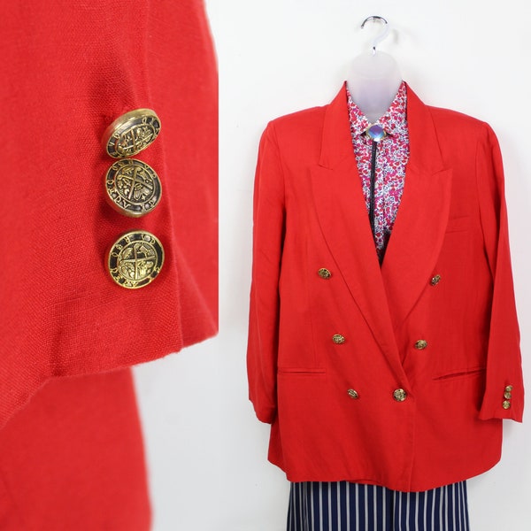 90s tomato red linen womens oversize blazer with gold buttons, Size 14, Medium Large, Cherry Red, Red Blazer, 90s Aesthetic VSCO, 90s Blazer
