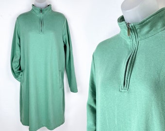 90s vintage seafoam green high neck henley sweaterdress Land's End Large Mint Green Zipper Henley Glamping 90s Sweater Dress 80s Aesthetic