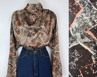 90s vintage brown and pink abstract pattern cowl neck silk Charmeuse blouse Size 14 Medium Large, Silk Cowlneck Blouse, Cocktail Blouse