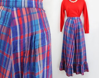 70s red white and blue plaid maxi skirt with ruffle PETITE, 26 Inch Waist, July Fourth, 4th of July, Americana, Independence Day, 70s Maxi