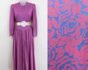 90s pink and blue floral print midi dress, Size 4, Rose Print, 80s Dress, 40s Style Dress, Floral Midi Dress, Blue and Pink, Cottagecore