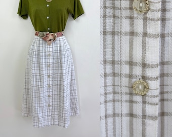 90s beige and white plaid button front midi skirt, Size 10, 28 inch waist, Beige Plaid Skirt, Light Academia, Cottagecore 90s Aesthetic VSCO