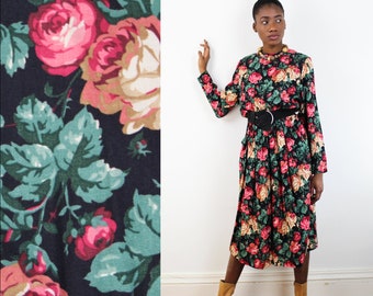 90s floral on black long sleeve midi dress, Medium Large, Floral Midi Dress, Cottagecore VSCO, SOFT GRUNGE, Rose Print, 90s Clothing, Easter