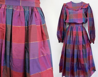 80s Vintage Valentino Boutique jewel tone plaid silk blouse and skirt set, Size 10, Cocktail, Dress for Wedding, Silk Skirt Suit, Designer