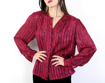 90s pink and black burnout stripe long sleeve blouse, size 12, Medium, sheer striped blouse, fuschia pink blouse, 9 to 5, 90s vintage blouse