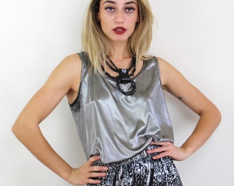 80s silver metallic tank top, Small Medium, Cocktail top, New Years Eve, NYE party, Silver Disco Top, Studio 54, 80s Vintage, 80s Aesthetic