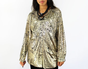 80s gold and black paisley button blouse, Studio 54, Disco Costume, Holiday Party, NYE Outfit, Metallic Gold Top, Glam, 80s Metallic Top