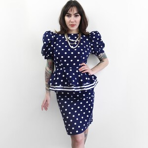80s does 40s navy polka dot peplum dress, Size 4, XS Small, Dress for Wedding, Polka Dot Dress, 80s Peplum Dress, 40s Style, Petite Womens