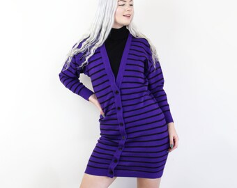 80s Vintage purple and black striped mock neck sweaterdress, Faux Cardigan, Medium, High Neck Sweater, 80s Sweaterdress, 90s aesthetic