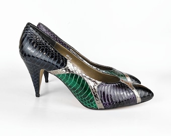 80s vintage purple green navy color block reptile stiletto pumps JReneé Colorblock Pumps 1980s Footwear 80s Reptile Pumps 80s Vintage Heels
