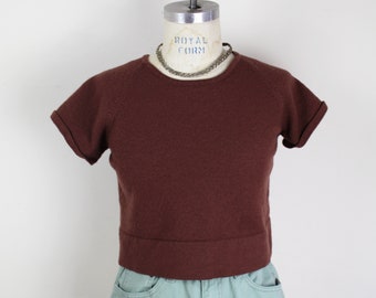 90s brown short sleeve crewneck sweater, XS Small Wool Pullover, Cottagecore Normcore, Brown Sweater, Petite Top, 90s aesthetic, Merino Wool
