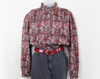 80s brown and red paisley print long sleeve ruffle neckblouse, Medium Large, 80s Paisley Blouse, Ruffle Blouse, 80s Clothing, Ruffle Neck