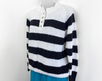 90s vintage black and white horizontal stripe henley sweater Small Medium 90s Aesthetic,Striped Jumper, Colorblock, Parisian Chic, Left Bank