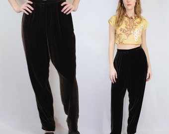 90s brown velvet high waist trousers, Size 14, 32 inch waist, Velvet Trousers, Tapered Dress Trousers 90s Aesthetic VSCO Plus Size, Cocktail