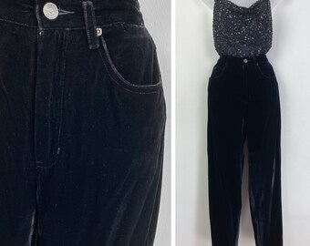 90s VINTAGE black velvet high waist pants, Size 6, 27 inch waist, Black Velvet Trousers LizWear, Dark Academia 90s Velvet 90s Aesthetic VSCO