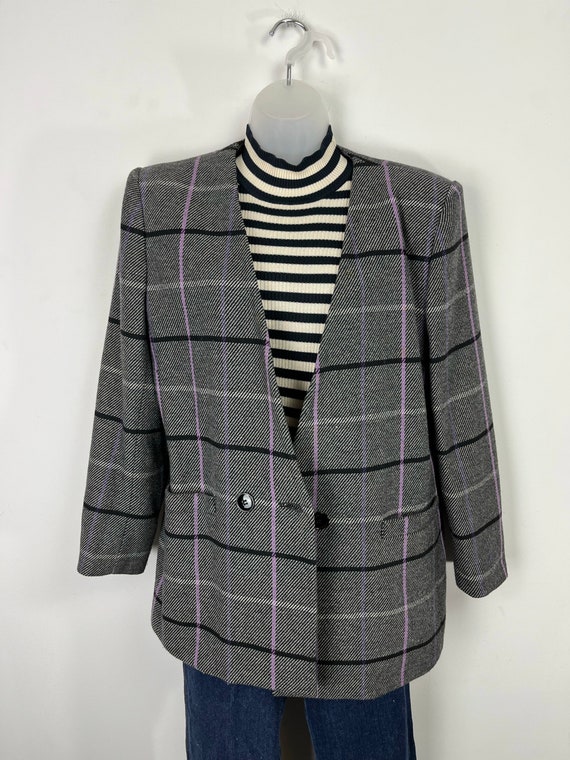 90s vintage gray and purple plaid blazer, Size 10… - image 2