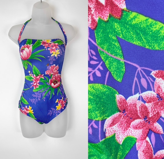 90s vintage blue and pink floral ruched one piece… - image 1