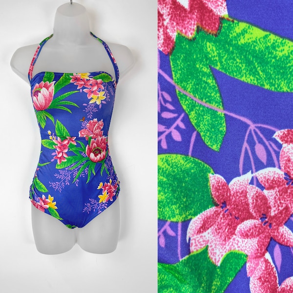 90s vintage blue and pink floral ruched one piece swimsuit XS Small Maillot swimsuit Vintage Swim 90s Maillot Suit 90s Vintage Swim 1990s