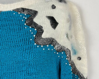 80s Vintage Cerulean Blue and White Angora Patchwork