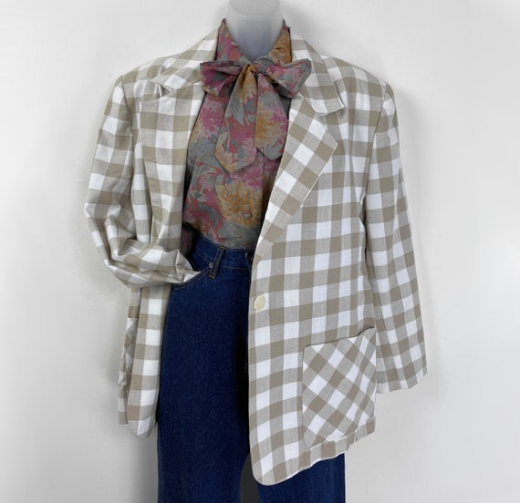 90s vintage beige and white box plaid blazer, Siz… - image 8