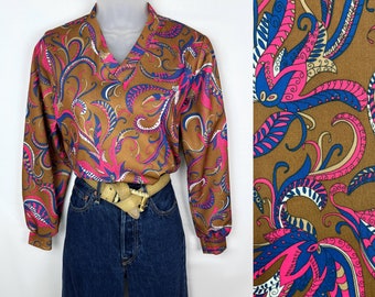 70s vintage brown blue and pink paisley poly blouse Small Medium Brady Bunch 70s Paisley Print 70s Retro Blouse Seventies Hippie Woodstock