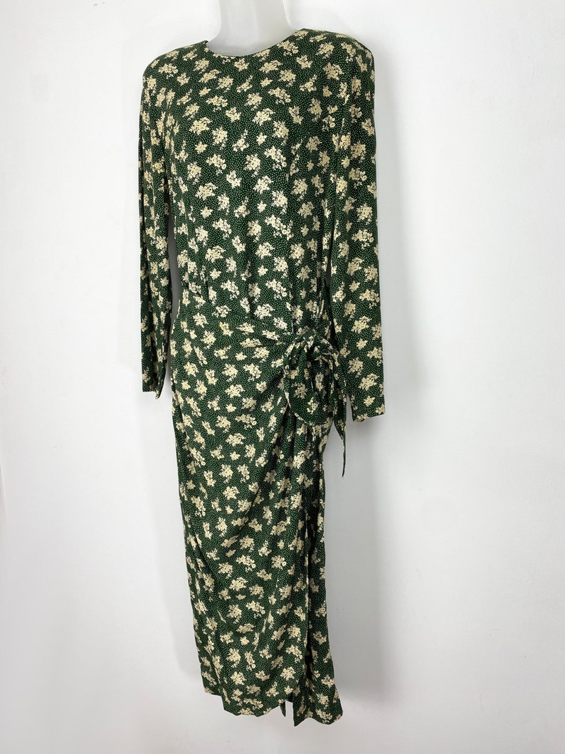 90s vintage green floral drop waist dress with side tie, Small Medium, Floral Wrap Dress, Holiday Party, Christmas Dress, Spring Green image 9