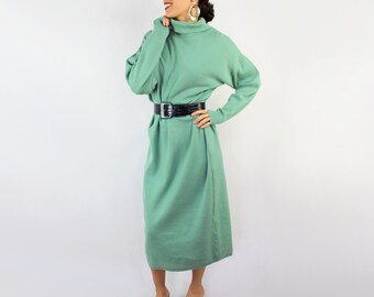 80s VINTAGE Seafoam Green Cowlneck Sweaterdress, Medium, Mint