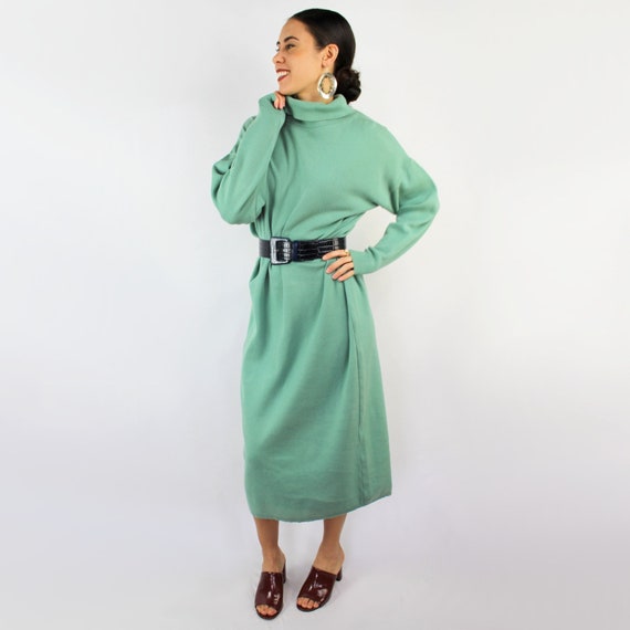 80s VINTAGE seafoam green cowlneck sweaterdress, … - image 2