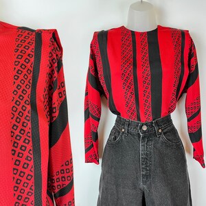80s vintage red and black vertical stripe cocktail blouse Size 4 Small, Thriller Shoulder, Valentine&#39;s Day, Christmas Party, Cocktail Blouse
